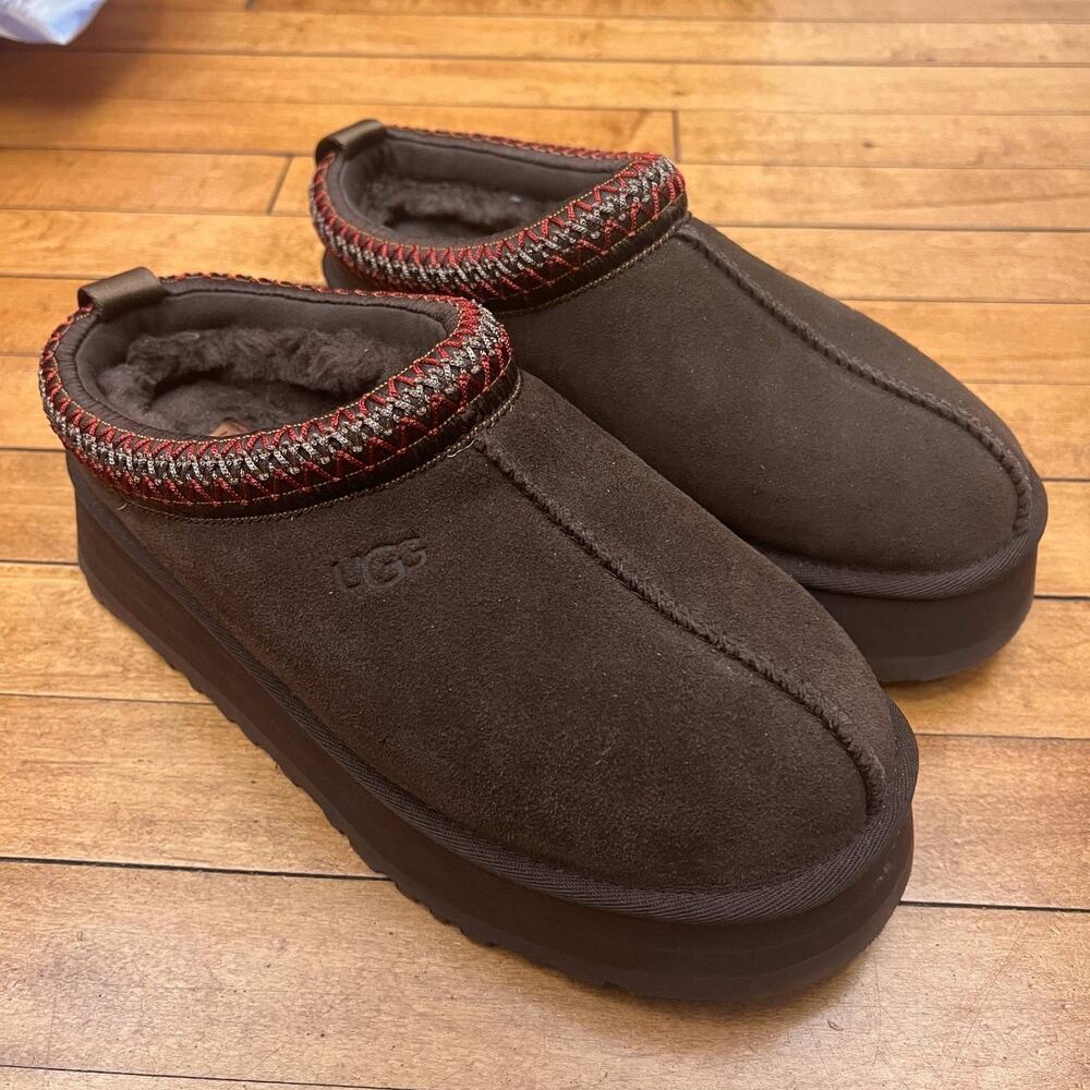 UGG Tasman Platform Slippers Womens Brown Suede Fur Lined Slip On Shoes Size 7